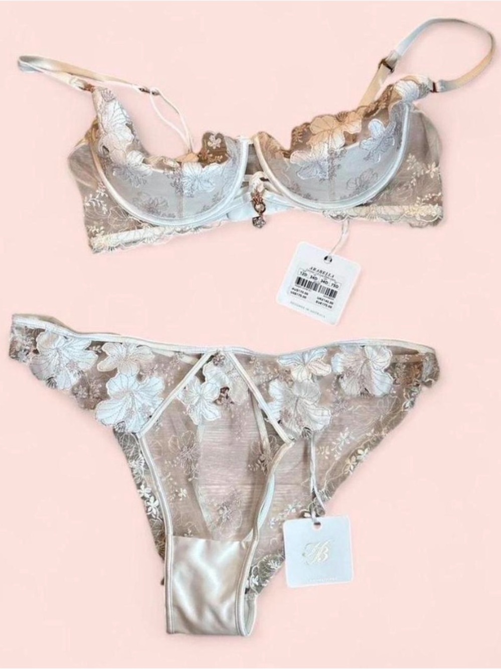 Honey Birdette Sheer white Embroidered Bra & Bikini Set in Champagne Arabella
